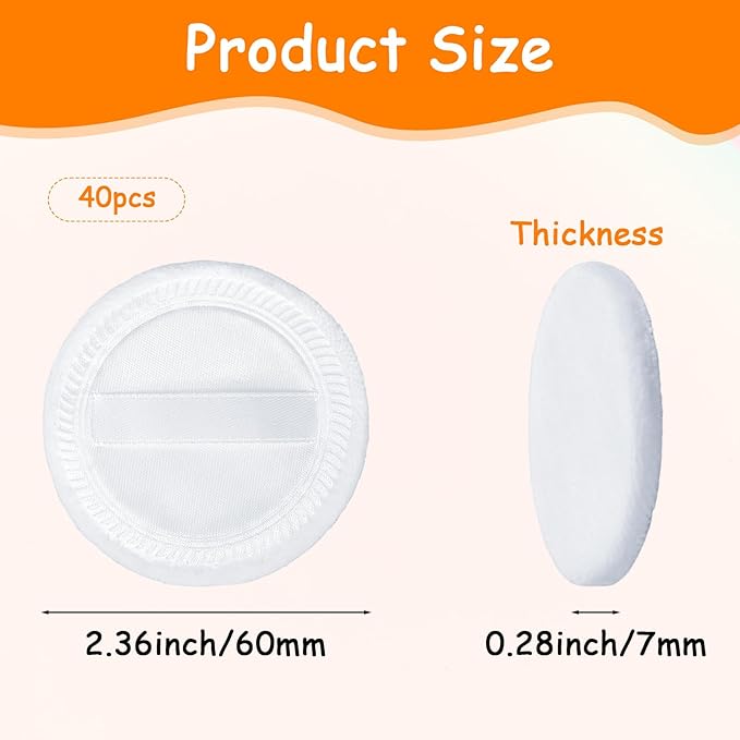 YBEATY 40PCS Cotton Makeup Puffs Pure Cotton Soft Washable Loose for Powders Foundation with Ribbon 2.36 Inch Round Makeup Dusting Powders Puff for Loose Body Wet Dry
