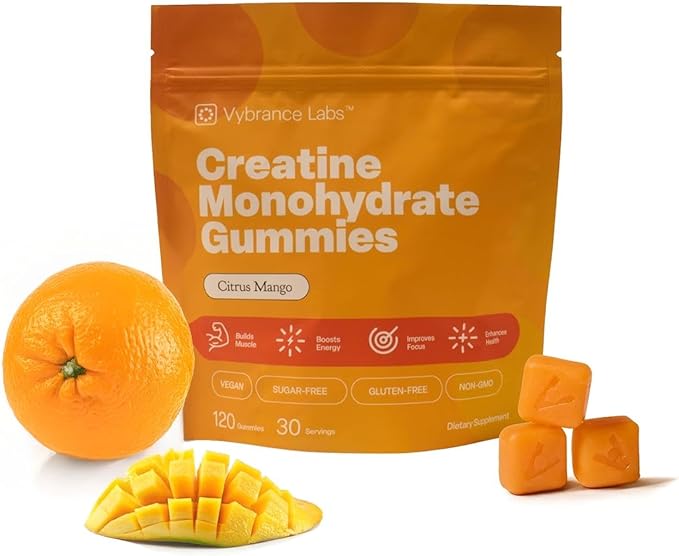 VYBRANCE LABS Creatine Monohydrate Gummies for Women | 5g per Serving, Sugar-Free | Taurine + Vitamin B12 | Strength, Energy & Focus Support | Vegan | Also for Men | Citrus Mango