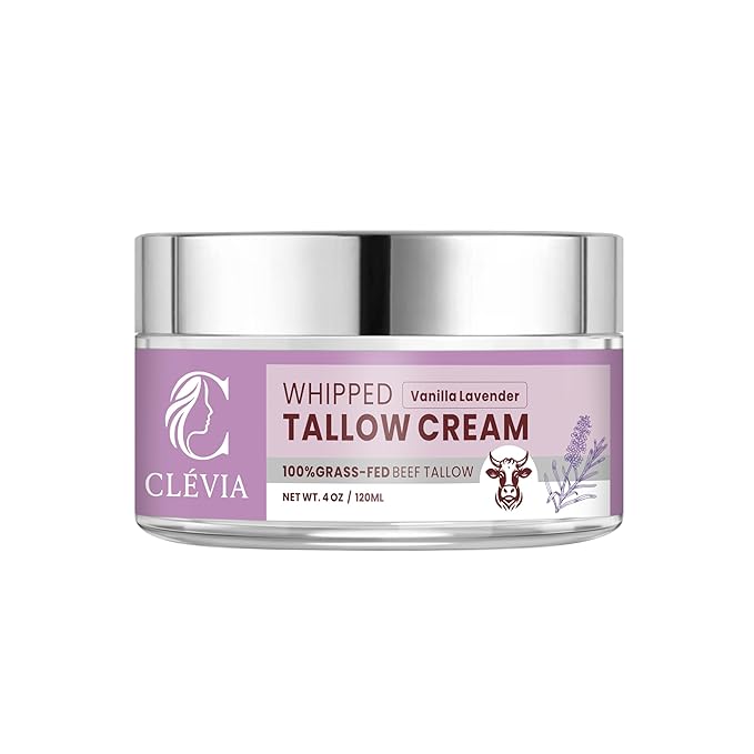 CLÉVIA 100% Grass-Fed Whipped Tallow Cream - 4 OZ Anti-Wrinkle Face and Body Balm with Jojoba Oil Non-Comedogenic - Deep Hydration for Dry, Sensitive and Irritated Skin (Vanilla Lavender)