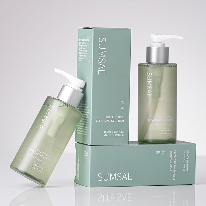 SUMSAE Pore Control Gel-to-Foam Cleanser, Korean Face Wash with Green Tea, Chestnut Shell & Niacinamide, Non-Stripping Daily Cleanser for Excess Oil and the Look of Pores, 155 mL / 5.24 fl oz