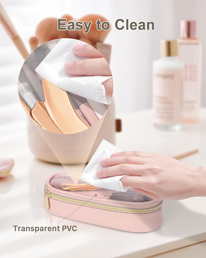 Soimeat Clear Travel Makeup Brush Holder, Leather Makeup Brush Toiletry Bag, Portable Cosmetic Brush Case, Transparent Waterproof Makeup Brush Storage Bag, Pink
