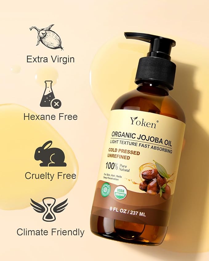 Yoken Organic Jojoba Oil in Glass Bottle 8oz, USDA Organic for Hair & Skin