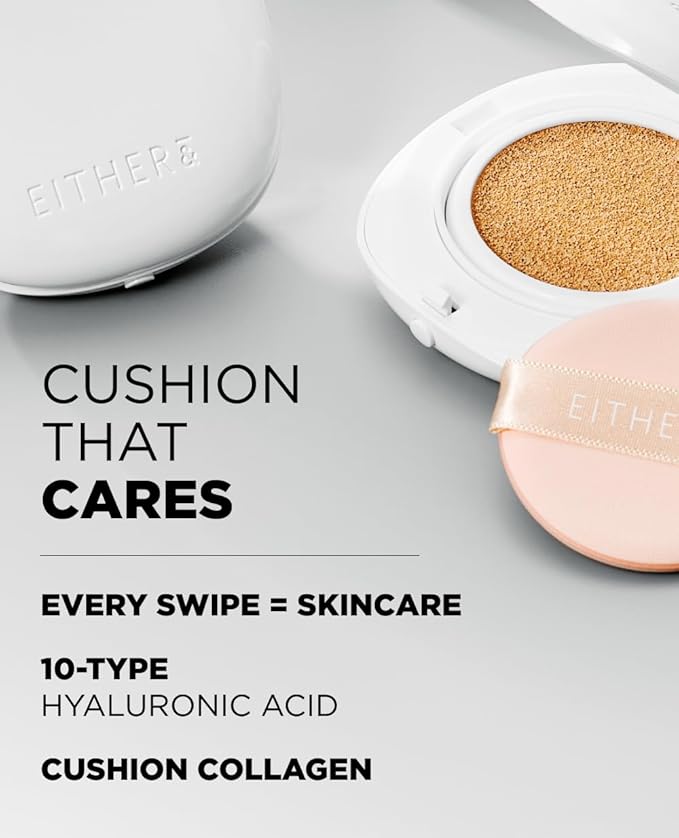 EITHER& Glow Pixel Cushion Foundation, Natural Coverage, Glow Finish – Up to 100 Hours, Moisturizing and Hydrating, Korean Beauty (#23P Amber, 12g)