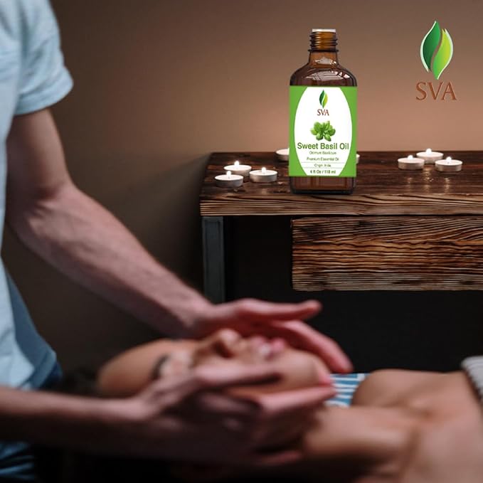 SVA Sweet Basil Essential Oil, Glass Bottle with Dropper, 4 Fl Oz (118 ml)