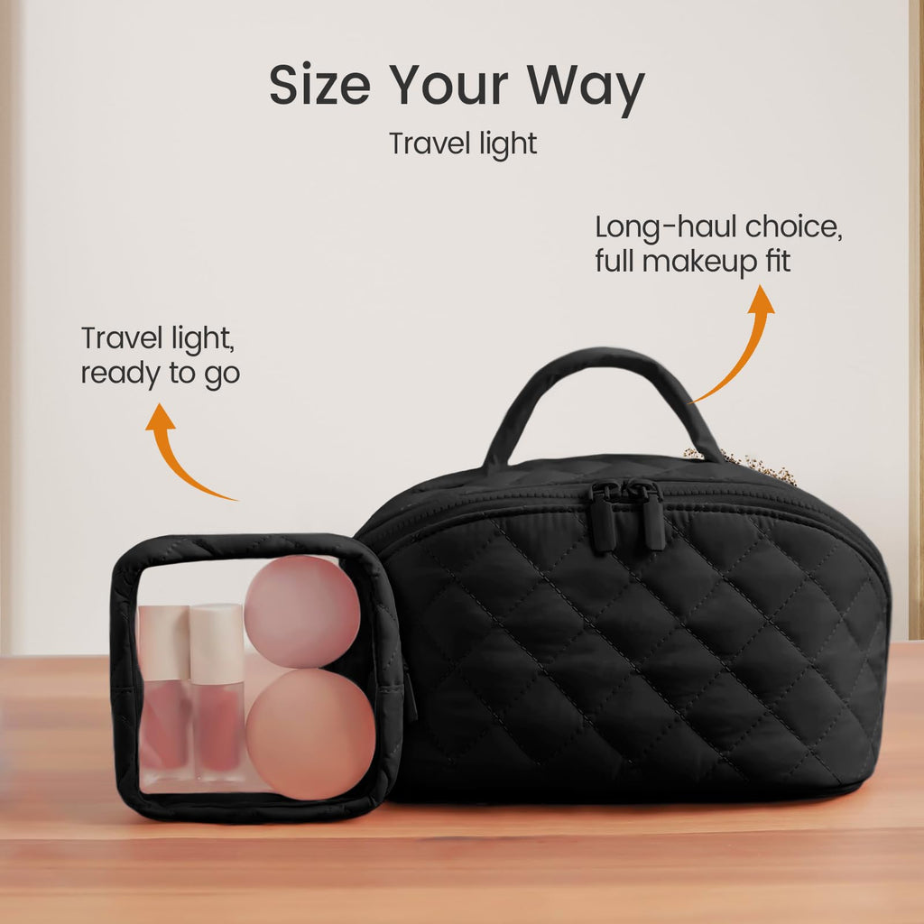 IrisCargo 2 Piece Travel Makeup Bag Organizer for Women, Black Medium Set