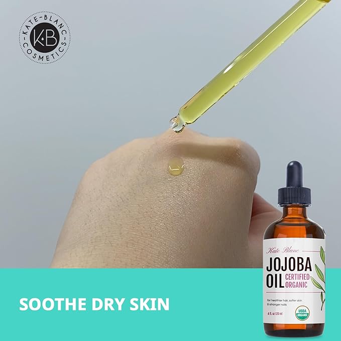 Kate Blanc Cosmetics Organic Jojoba Oil for Hair, Skin, Face, Nails (4oz) - USDA Certified, 100% Pure Cold Pressed Unrefined - Moisturizing Carrier Oil for Gua Sha, Dermaplaning, Body - Glass Bottle