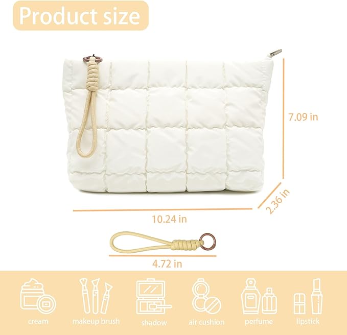 Beayuva Puffer Quilted Makeup Bag Travel Cosmetic Bag Portable Puffy Checkered Toiletry Pouch Skincare Organizer Purse Pencil Case (White)