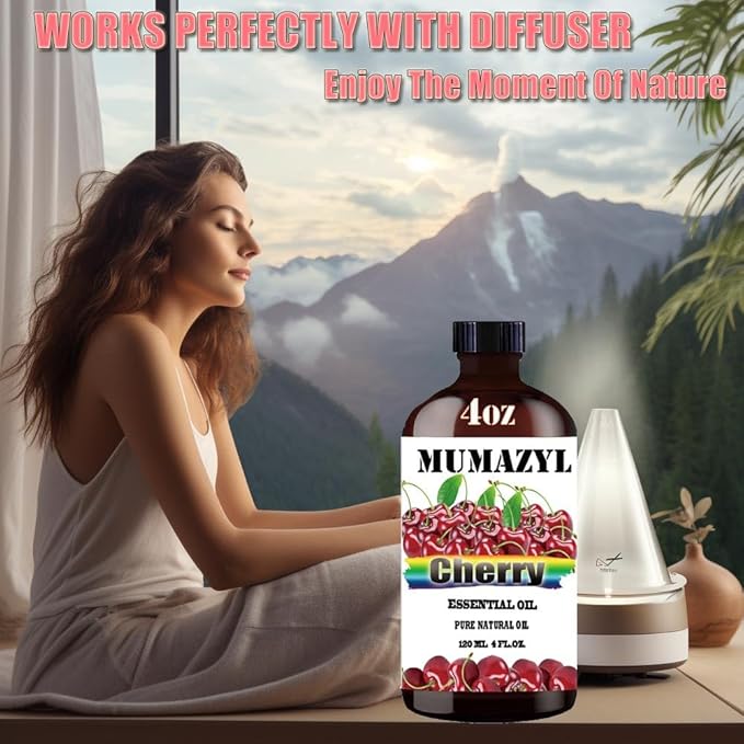 Cherry Essential Oil, Cherry Oil 4 Fl Oz 120ML for Diffuser Humidifier Yoga Cleaning DIY Candle Soap Making MUMAZYL Essential Oils