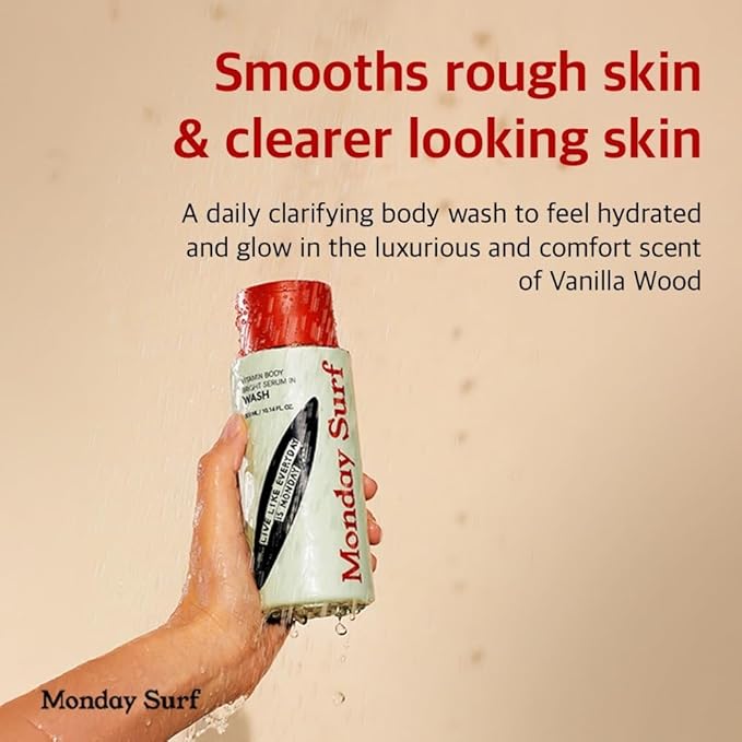 Monday Surf Vitamin Body Wash for Sensitive Skin, Moisturizing Cleanser with Niacinamide + Hyaluronic Acid, Vanilla Woods Scent, Sulfate-Free, Vegan, Women & Men, Glowing Skin, K-Beauty, 10.14 fl oz