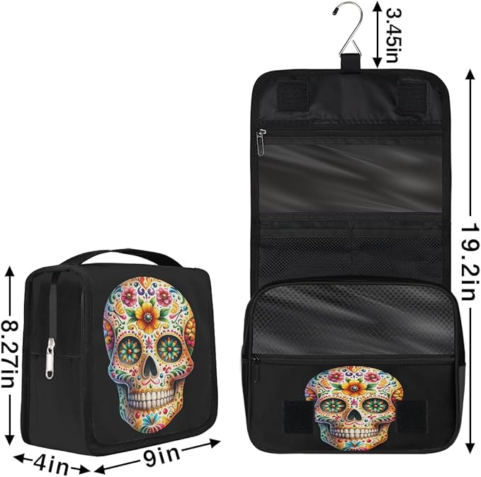 YoYoYuchong Travel Toiletry Bag for Women & Men Skull Cool Flower Hanging Cosmetic Organizer Portable Waterproof Makeup Case Make Up Bag with Compartments Travel Essentials for Bathroom Shower