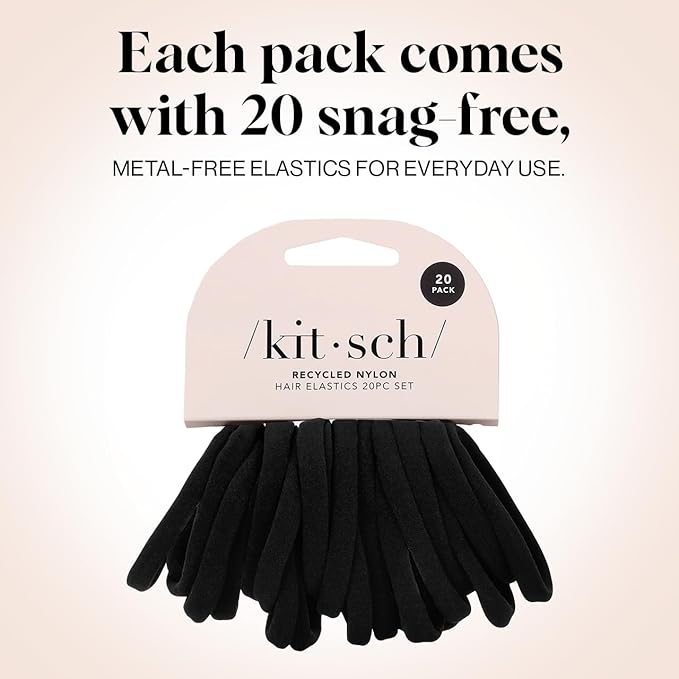 Kitsch Elastic Hair Ties No Damage | Stretchable Hair Bands - Black, 20pcs