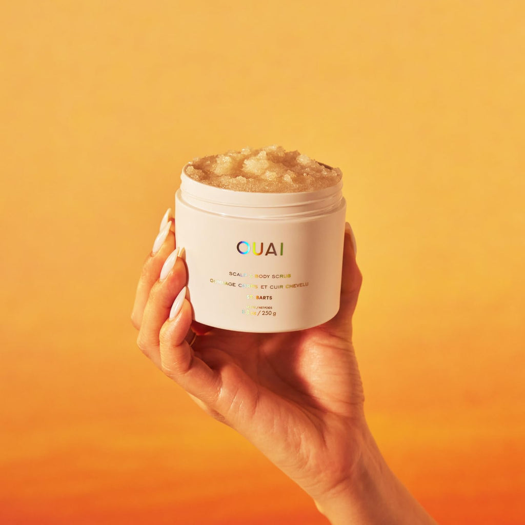 OUAI Scalp & Body Scrub, St. Barts - Exfoliating Body Scrub with Sugar & Coconut Oil Blend for Smooth, Moisturized Skin - Gentle Scalp Exfoliator for Removing Product Build Up (8.8 Oz)