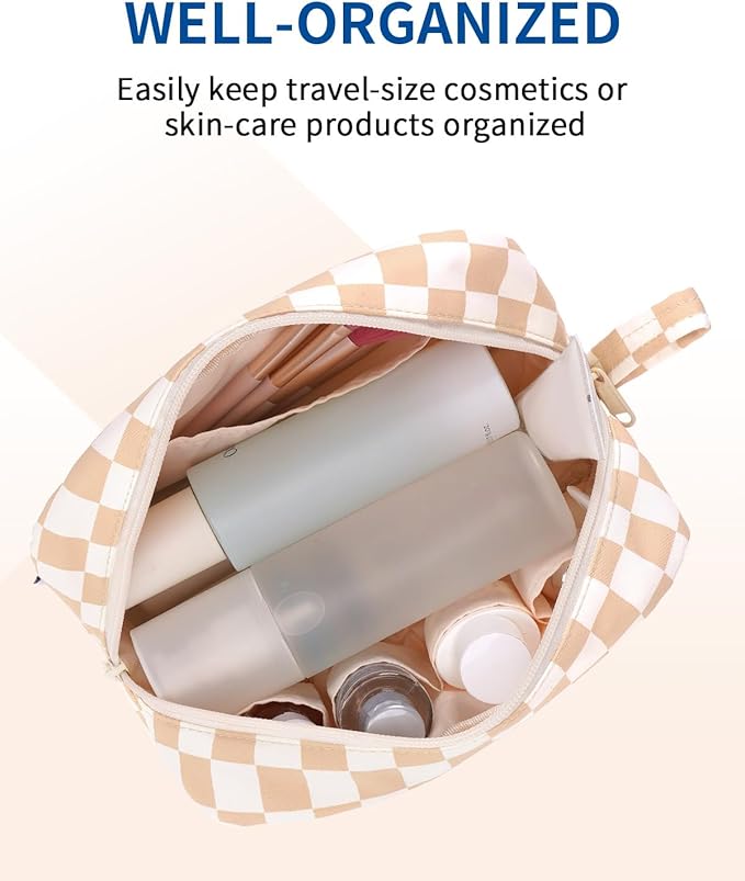 Narwey Checkered Makeup Bag Travel Cosmetic Bag Organizer, Toiletry Bag Make Up Bags with Organized Pockets for Women (Light Checkerboard, Large)