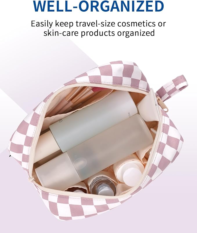 Narwey Checkered Makeup Bag, Travel Cosmetic Bag Organizer, Toiletry Bag Make Up Bags with Organized Pockets for Women (Dusty Rose Checkerboard, Large)