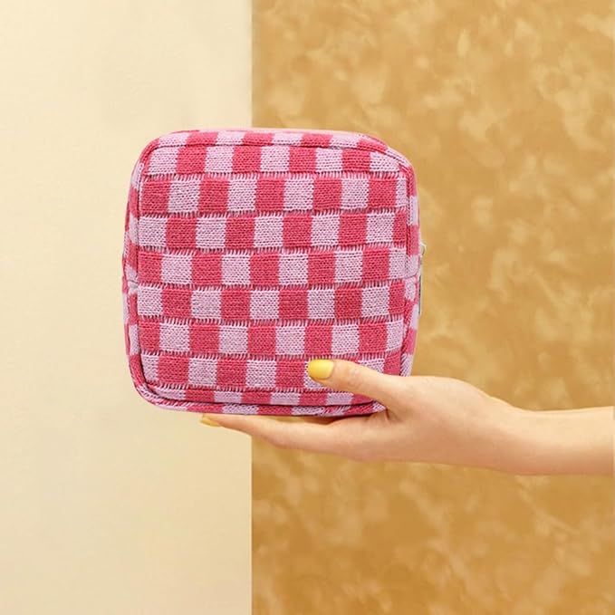 FFpaw 2 Pieces Makeup Bag Set, Small Pink Checkered Cosmetic Bag Travel Toiletry Organizer Mini Cosmetic Pouch Case Makeup Brushes Cute Quilted Aesthetic Accessories Storage Bag for Women