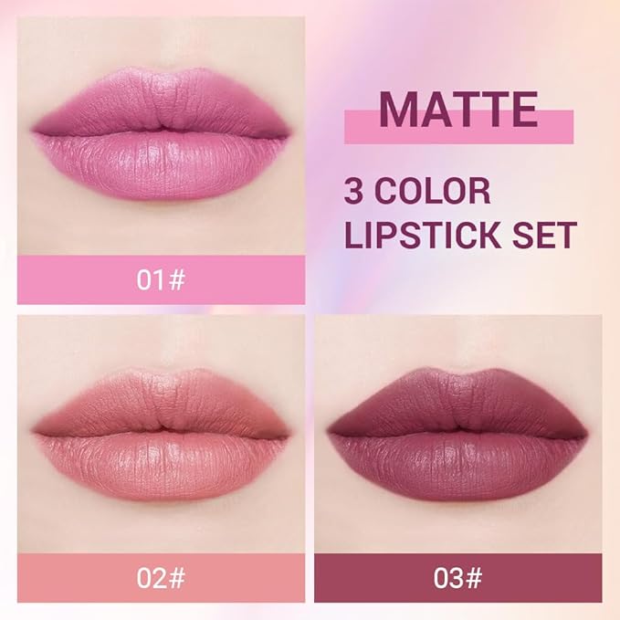 CAKAILA 3Pcs Nude Pink Purple Mauve Lavender Lip Stick,Matte Cream Lipstick Set for Women,Long Lasting Waterproof Smudge Proof Velvet lipsticks Crayon,Lip Makeup Kit Travel Size,Vegan & Cruelty-free
