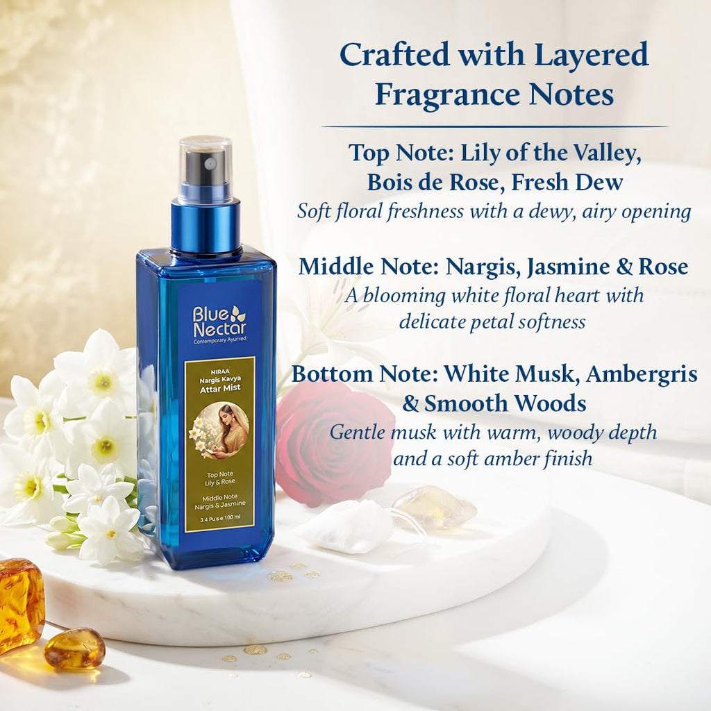 Blue Nectar Niraa Nargis Kavya Attar Mist | Perfume Mist for Women & Men | Long-Lasting Nargis Attar with Lily, Rose & Jasmine | Floral Body Mist Spray | Travel-Friendly (3.38 Fl Oz)