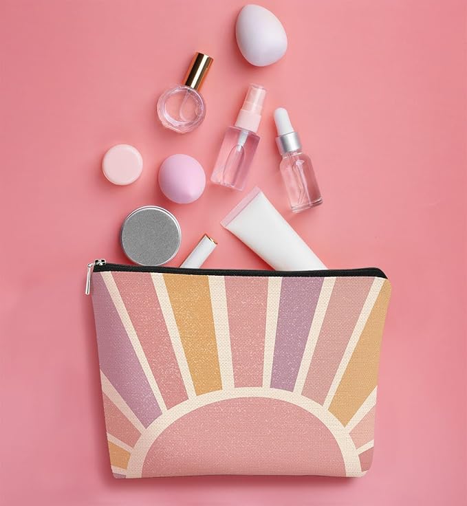 BARPERY Boho Gifts Small Pink Makeup Bag Gifts for Women,Sunshine Boho Cosmetic Bag, Bohemian Makeup Bag Organizer,Christmas Birthday Gifts for Mom Friend Sister Wife Teacher