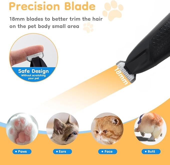 JNEKWOZ Professional Dog & Cat Trimmer - Quiet Electric Pet Grooming Kit for Ears/Eyes/Paws with LED Light - Cordless Battery-Powered Fur & Nail Clipper for Small/Large Breeds (Black)