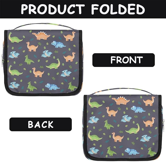 OMFUNS Cute Dinosaur Hanging Travel Toiletry Kit Bag with Hook for Men and Boys, Cartoon Dino Makeup Case Waterproof Cosmetic Bag Storage Bag Organizer for Accessories Toiletries
