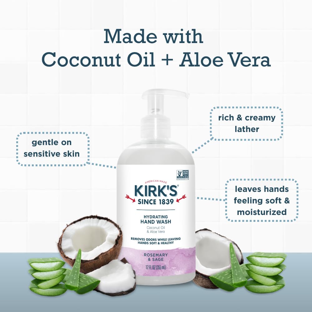 Kirk's Hydrating Hand Wash - Made with Coconut Oil and Aloe Vera, With Odor Neutralizing Technology To Help Eliminate Odors, Non-GMO, Vegan, Rosemary & Sage, 12 Fl Oz. 4 pack