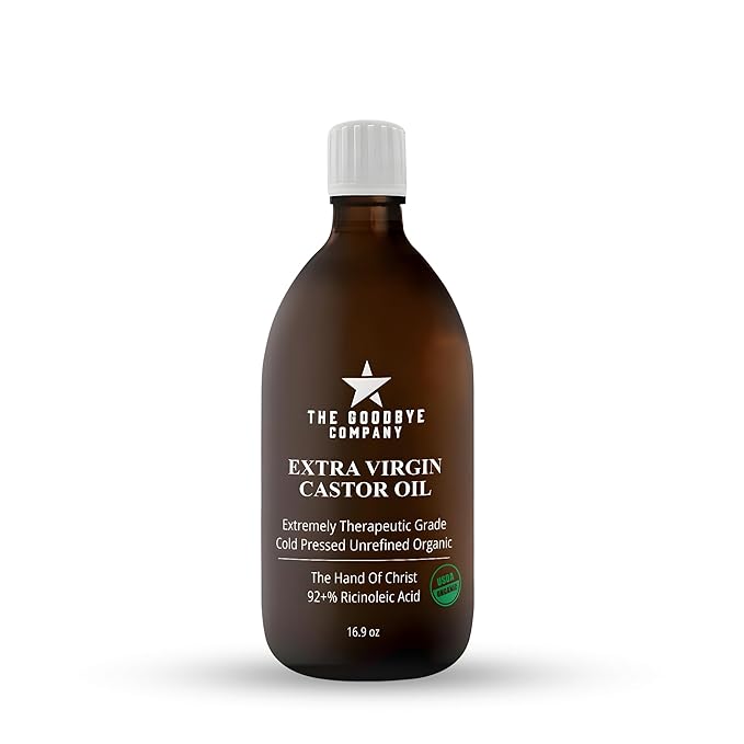 GoodBye Company USDA Organic Cold-Pressed Castor Oil, 16.9 oz Amber Glass Bottle, Hexane-Free, Extra Virgin, Food Grade, for Hair, Skin, Lashes, Brows & Digestive
