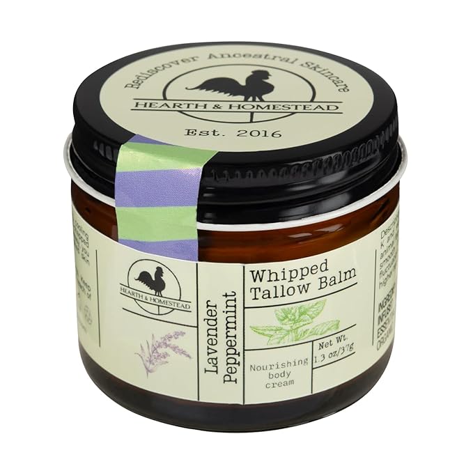 Hearth & Homestead Whipped Beef Tallow for Skin - 100% Grass Fed, Eczema Cream & Body Butter - Organic Olive Oil, Calendula & Rose - Lotion & Hand Moisturizer for Dry Skin, Lavender Peppermint, 1.3oz