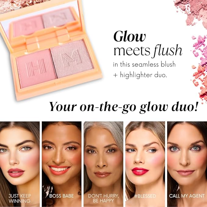 Haute Minute Makeup Blush + Brighten Highlighter Duo, Mini Lightweight Blendable Shimmer Blush, High Pigmented Makeup Powder Palettes, Cruelty Free - Just Keep Winning