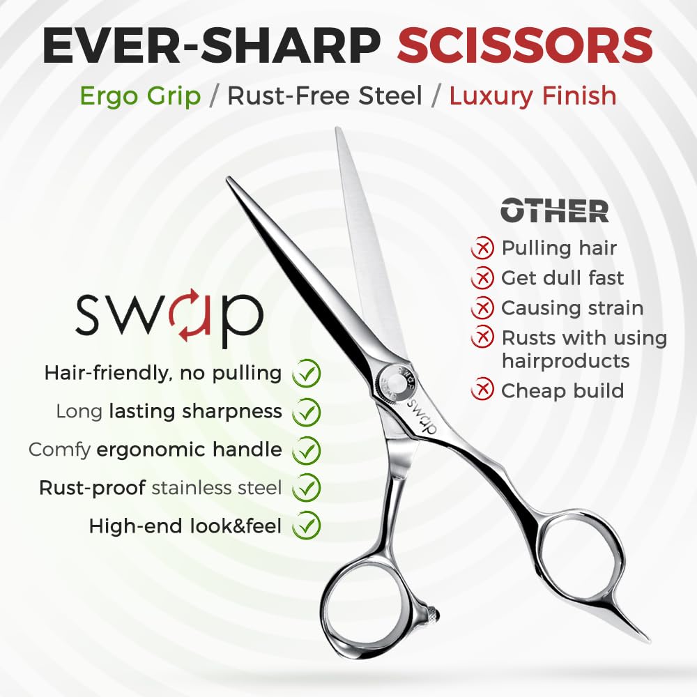 SWAP Professional Hair Cutting Scissors - 6.0'' Japanese SUS 440C Steel Barber Scissors, 60-62HRC Sharp Edge Blade with Adjustable Tension Screw for Salon & Home Use（6.0'' Hair Shears）