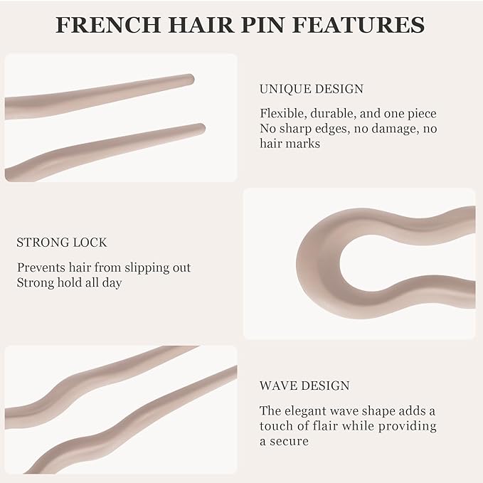 Sunolga 8PCS Prestige French Hair Pins, 5.12" Fashion French Pins Hair Styling for Women, Matte French Hairpin for Thick Fine Hair Accessories, French Twist Pin Wavy U Shaped Holiday Gifts