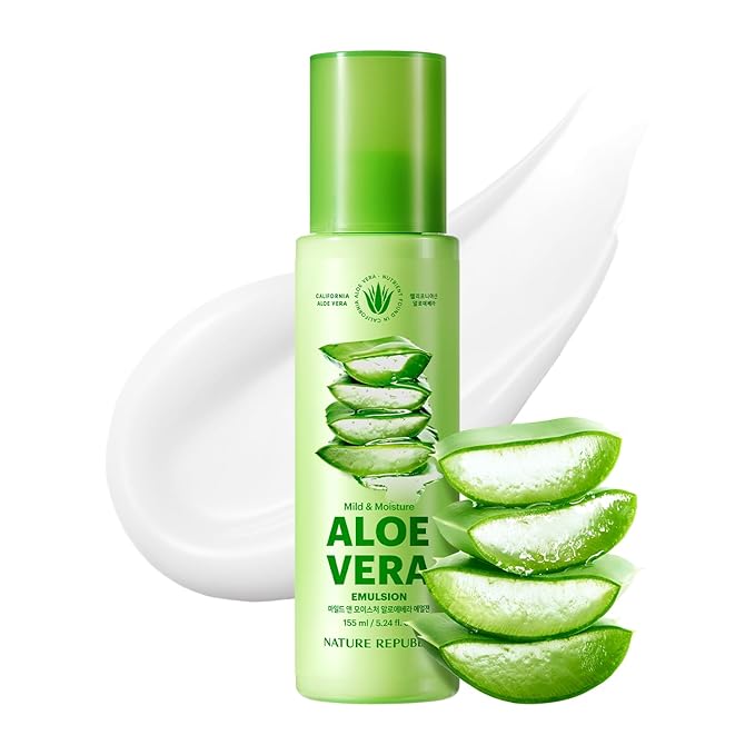 Nature Republic Mild & Moisture Aloe Vera Emulsion | Soothing & Hydrating Facial Moisturizer, Lightweight Non-Sticky Formula, Korean Skincare (5.24 Fl Oz)