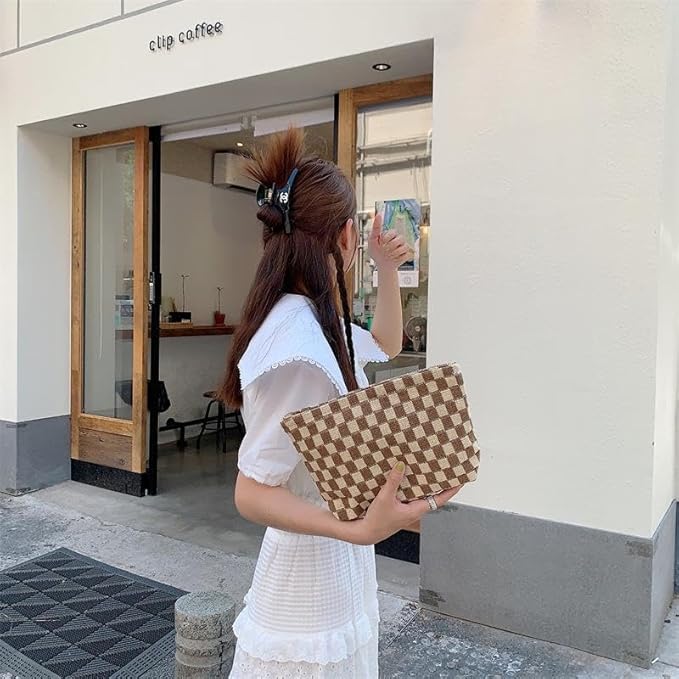 FFpaw 2 Pieces Makeup Bag Set, Small Brown Checkered Cosmetic Bag Travel Toiletry Organizer Mini Cosmetic Pouch Case Makeup Brushes Cute Quilted Aesthetic Accessories Storage Bag for Women