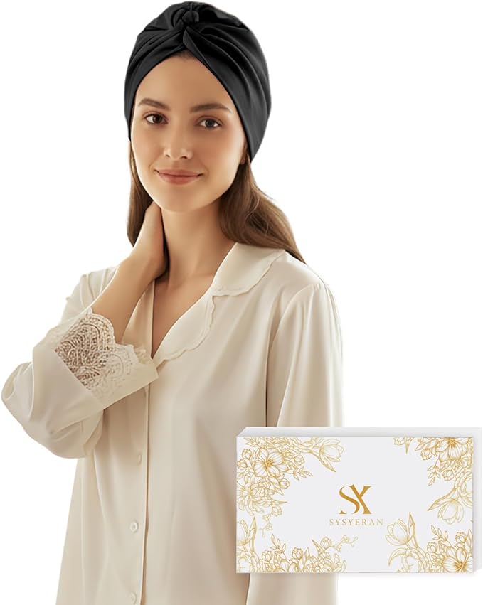 SYSERAN 100% Mulberry Silk Bonnet for Sleeping - Women Natural Curly Hair Night Cap Luxury Sleep Head Wrap with Elastic Band(Black)