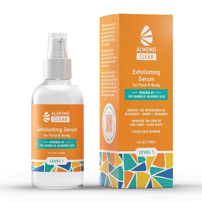 Almond Clear Mandelic Acid Level 1 Serum | Facial Serum for Acne, Folliculitis, Aging Skin, Ingrown Hairs, Dark Spots on Face, Chest, Butt, Back, Thighs, Arms | 4oz