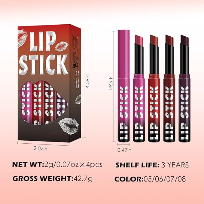IATMOMOD 4Pcs Matte Lipstick Set for Women, Hot Pink Orange Red Maroon Plum Purple Vegan Lip Bar, Long Lasting Waterproof Transfer-Proof 24H Moisturizing All-Day Lip Color SetA02#