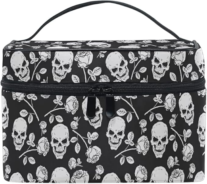MNSRUU Skull Makeup Bag, Skull Rose Gothic Makeup Organizer Bags Toiletry Bag Box Travel Cosmetic Bag Make Up Train Case for Women Teen Girl Ladies