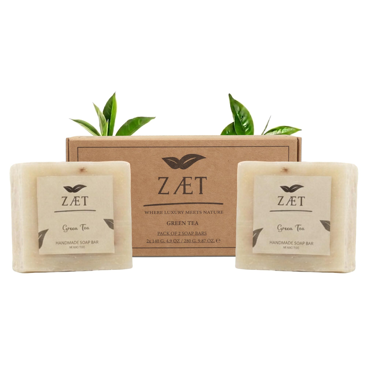 ZÆT Green Tea Soap Bar, 2 Pack Natural Handmade Bar Soap with Olive, Almond & Coconut Oil, Moisturizing Soap Bar, Gentle Non Toxic Bath Soap for All Skin Types, 140g Each
