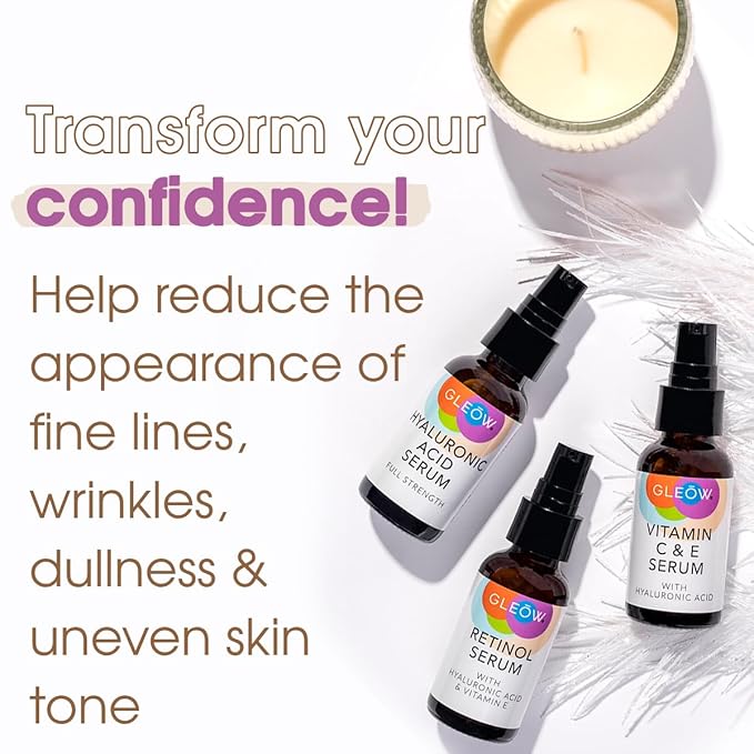 GLEOW Skincare Set: Retinol, Vitamin C, and 99% Hyaluronic Acid Serum, Face Serum Set Targets Appearance of Uneven Skin and Dryness, Total Package Serum Set 3x2 oz