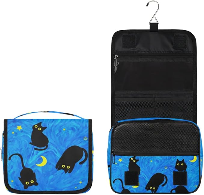 OMFUNS Cute Cat Travel Toiletry Bag with Hanging Hook for Women and Girls, DeepSkyBlue Cosmetic Makeup Case Organizer for Accessories, Shampoo, Full Sized Container, Toiletries