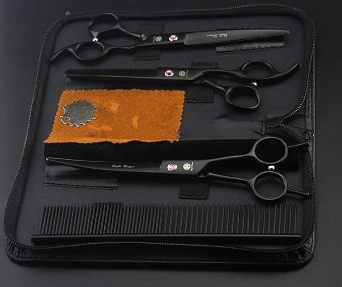 Purple Dragon 7" Dog Grooming Scissors Set with Rhinestone Accent - Black