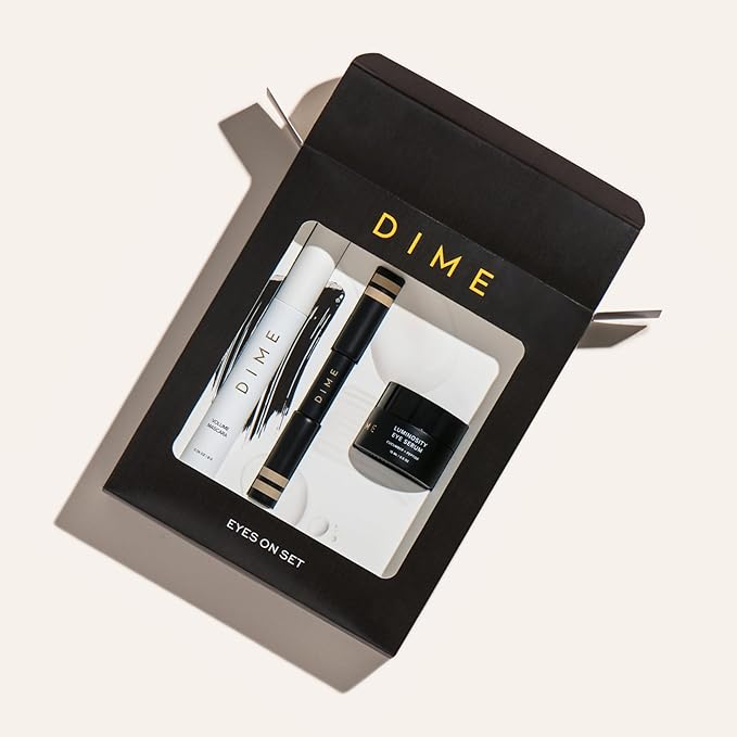 DIME Beauty Eyes On Set - Luminosity Eye Serum for Dark Circles & Puffiness, Volume Boost Tubing Mascara & Eyebrow Enhancing Gel - Clean, Vegan Eye Care Bundle - 3 Piece Kit