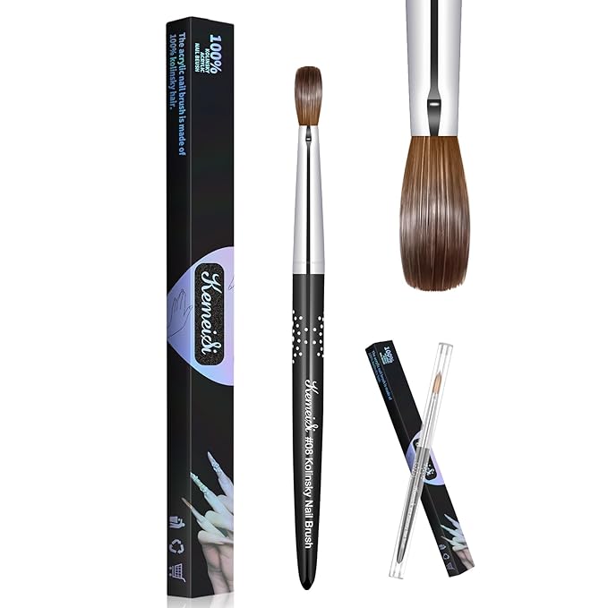 KEMEISI Acrylic Nail Brush Size #08, 100% Pure Kolinsky Nail Art Brushes for Acrylic Application, Sturdy Handle Oval Shaped Acrylic Powder Nail Design Tools for Professional Manicure DIY