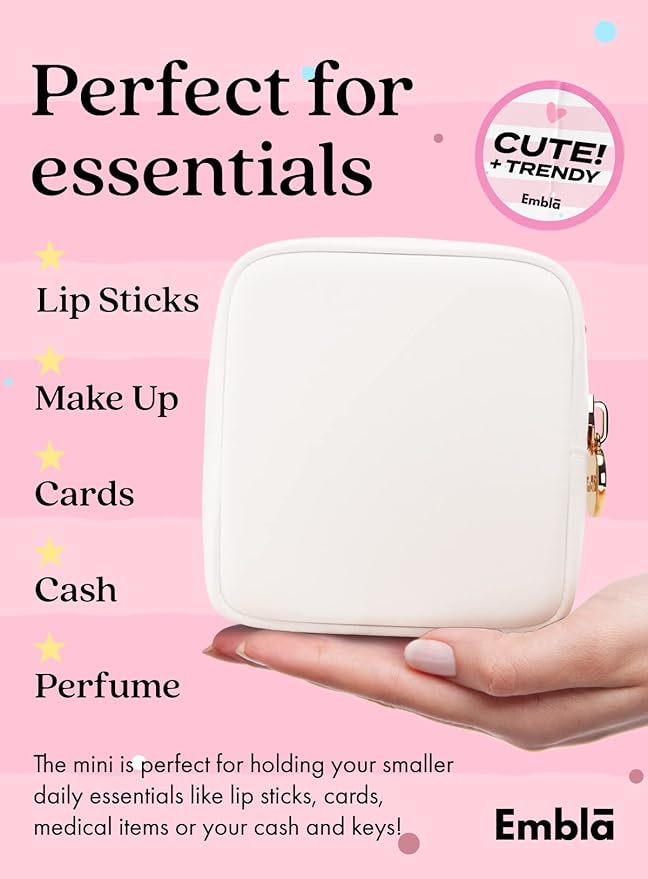 Embla Small Makeup Bag for Purse, Mini Waterproof Nylon Cosmetic Pouch, Durable and Lightweight Travel Toiletry Bag with Smooth Zipper, White
