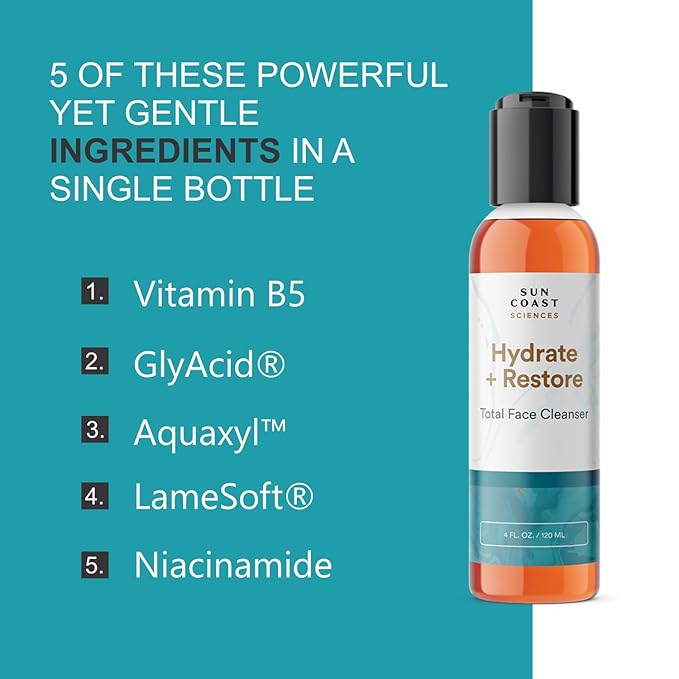 SUN COAST SCIENCES - Hydrate + Restore Total Face Cleanser, Vitamina B, Hydrating Facial Cleanser With Niacinamide for All Skin Types - 4 Fl Oz (Pack of 1)