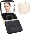 SLUMAZI Travel Makeup Bag with LED Mirror Travel Makeup Organizer with 3 Lighted Settings, Adjustable Dividers and Makeup Brush Storage Bag White
