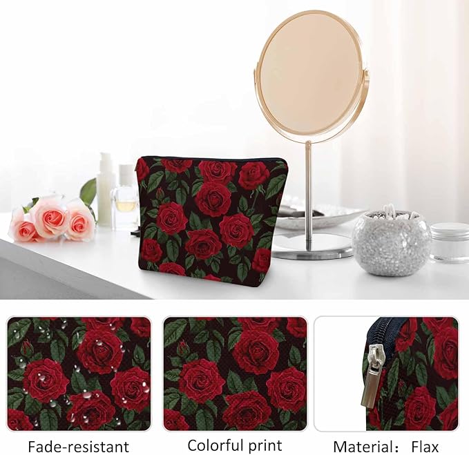 Kalygon Woman Rose Makeup Bag - Blossom Flower Roses Red Travel Cosmetic Bags Toiletry Makeup Organizer Pencil Pouch For Owners Lady Birthday Gifts