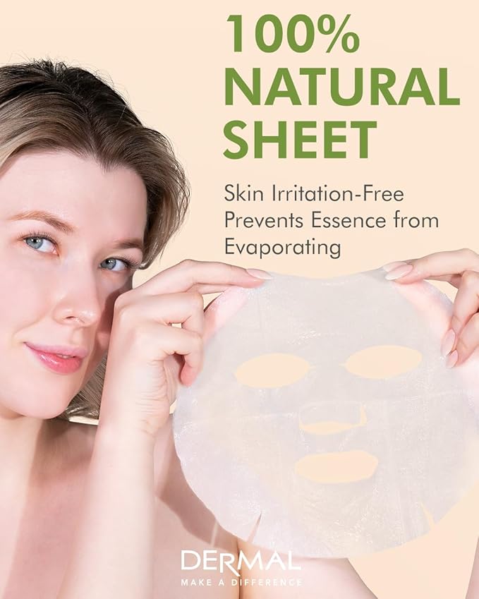 DERMAL Olive Collagen Essence Korean Facial Mask Sheet Pack of 10 - Nourishing, Deep Hydration, Reduces Fine Wrinkles - Hypoallergenic Skin Friendly Sheet