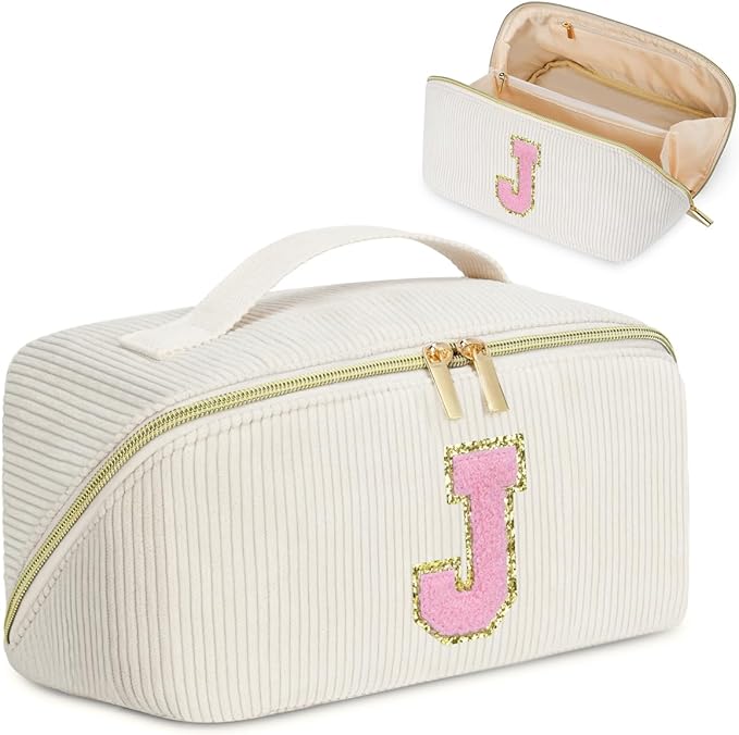 Personalized Initial Makeup Bag,Christmas Gifts for Girl,Preppy Bag Cosmetic Travel Bag Women,Travel Toiletry Organizer,Large Capacity Corduroy Stuff Bag,Cute Cosmetic Pouch Skincare Bag-J