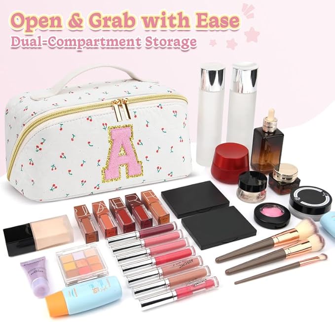 Personalized Travel Makeup Bag Set,Initial Travel Cute Cherry Makeup Organizer Bag,Toiletry Skincare Cosmetic Bag,Christmas Gifts for Women/Girls,Open Flat Toiletry Pouch with Brush Pocket-E