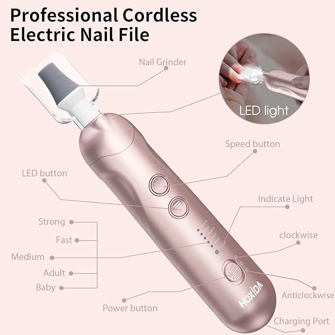Hoxida Manicure Pedicure Kit, Professional Nail Grinder for Senior Thick Toenail, Cordless Electric Nail File, 5 Speeds Pedicure Tools for feet Callus Remover, Nail Drill for Women Hand Feet Care